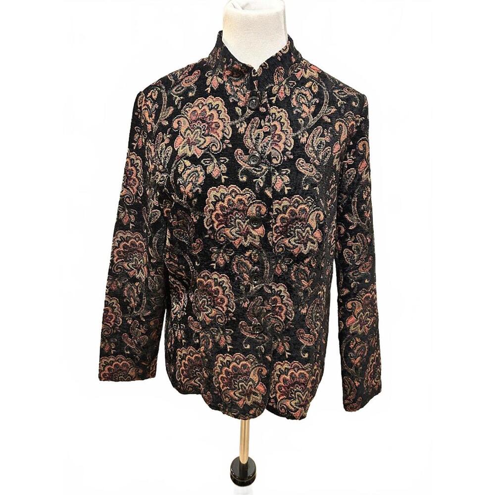 Vintage Floral Paisley Tapestry Blazer Mandarin Collar Button Front Jacket Black